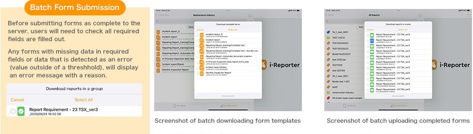 Batch Form Submission | Screenshot of batch downloading form templates | Screenshot of batch uploading completed forms